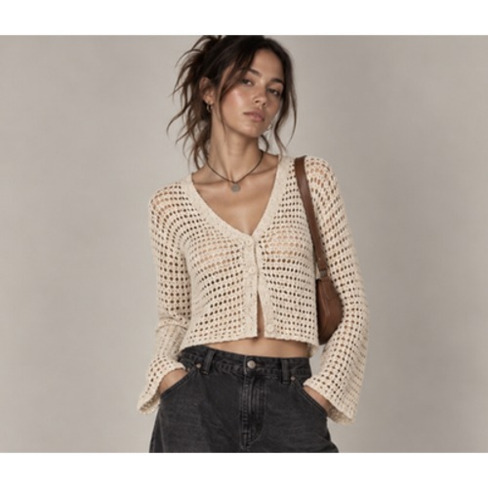 Love Ellie Y2K Cardigan Sweater Womens L Crochet Open Knit Bell Sleeve Cropped